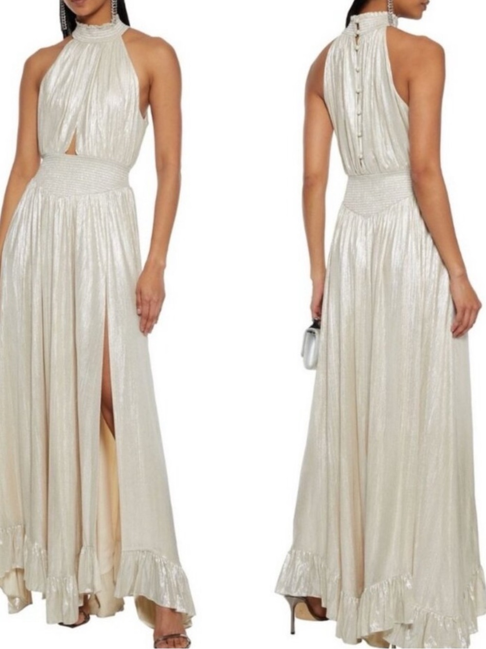 NWT RETROFETE Carly Silver High Neck Maxi Formal Gown Dress